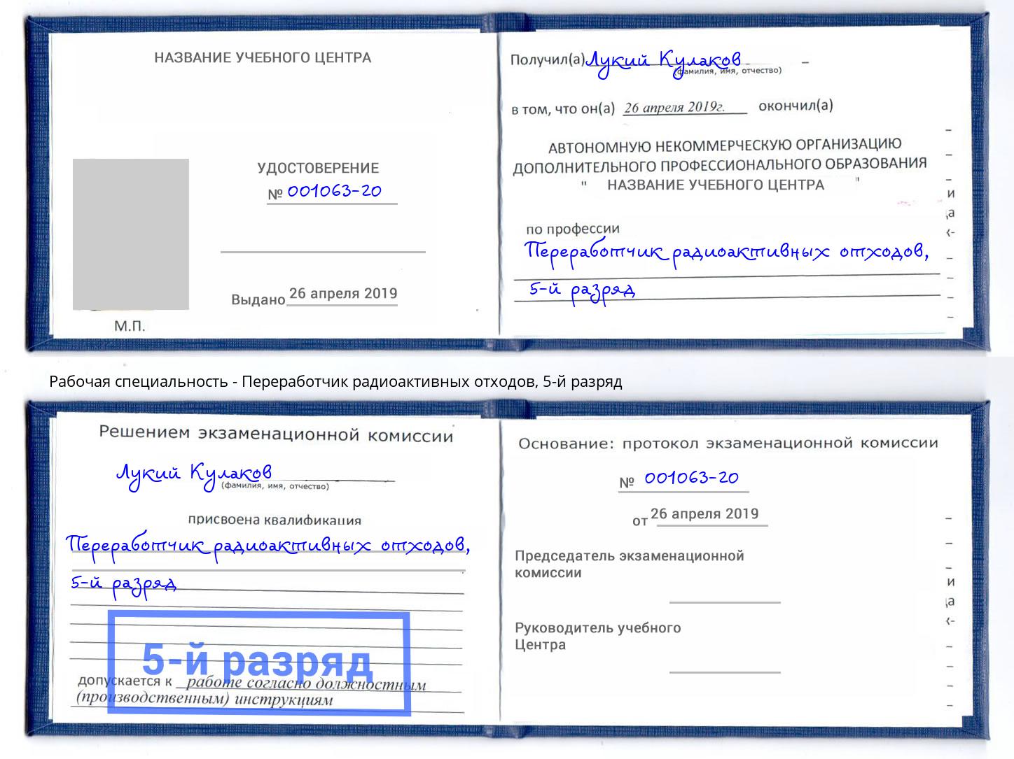 корочка 5-й разряд Переработчик радиоактивных отходов Чистополь