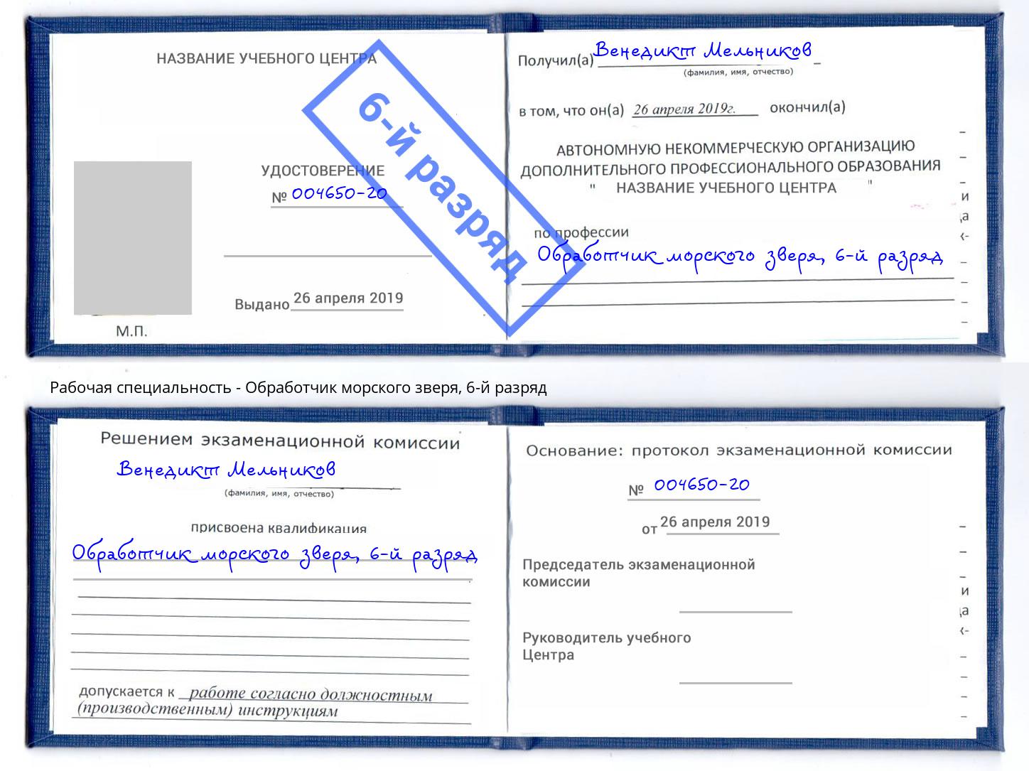 корочка 6-й разряд Обработчик морского зверя Чистополь