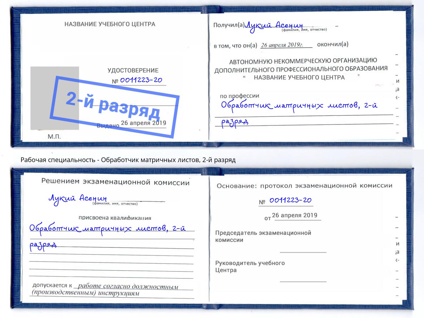 корочка 2-й разряд Обработчик матричных листов Чистополь