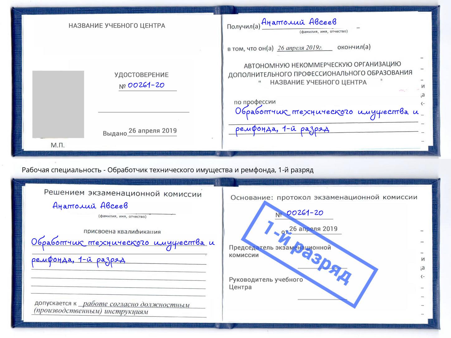 корочка 1-й разряд Обработчик технического имущества и ремфонда Чистополь